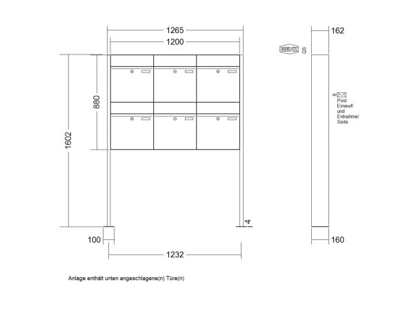 Freistehend mit Fußplatten RENZ Plan Aufputz Verkehrsweiß RAL 9016 6 Briefkästen